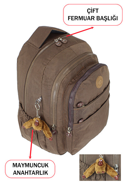 Dada Su Geçirmez Krinkıl Kumaş Büyük Boy Çok Gözlü Okul Sırt Çantası Yandan Cepli Ortopedik Toprak