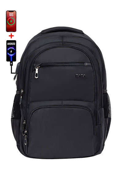 Dada Çok Bölmeli Siyah Okul Sırt Çantası Yandan Cepli Usb Soket 15.6