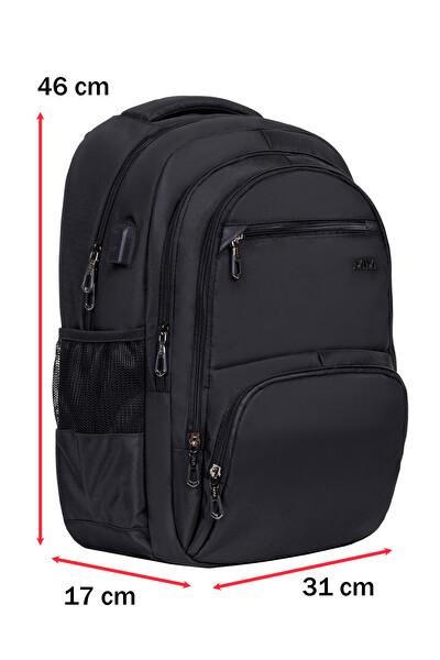 Dada Çok Bölmeli Siyah Okul Sırt Çantası Yandan Cepli Usb Soket 15.6