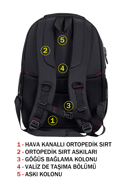 Dada Çok Bölmeli Siyah Okul Sırt Çantası Yandan Cepli Usb Soket 15.6