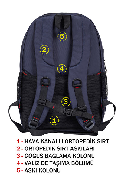 Dada Çok Bölmeli Lacivert Okul Sırt Çantası Yandan Cepli Usb Soket 15.6