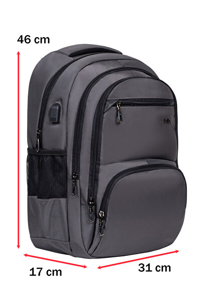 Dada Çok Bölmeli Gri Okul Sırt Çantası Yandan Cepli Usb Type-C 15.6