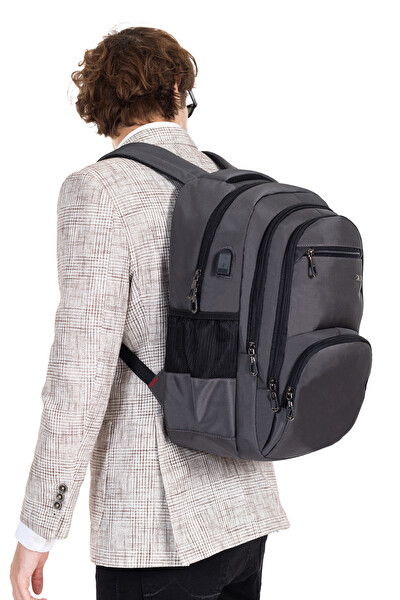 Dada Çok Bölmeli Gri Okul Sırt Çantası Yandan Cepli Usb Type-C 15.6