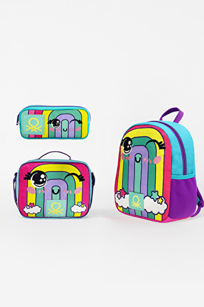 United Colors Of Benetton Gökkuşağı Üçlü Anaokul Çantası Seti - Tek Gözlü Sırt Çantası-Çift Gözlü Kalem Kutusu-Beslenme