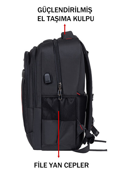 Dada Geniş İç Hacim Yandan Cepli Siyah Okul Çantası