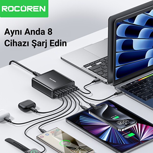 Rocoren 185W 8 Portlu GaN Şarj Cihazı 5xType-C 3xUSB-A Notebook iPhone Samsung Uyumlu