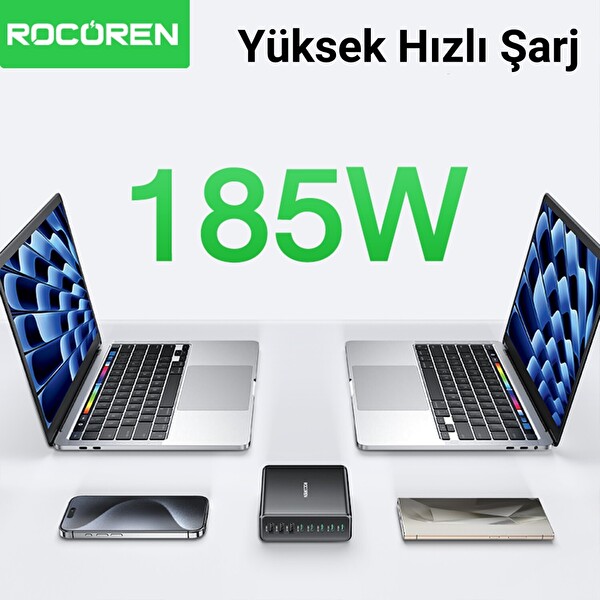 Rocoren 185W 8 Portlu GaN Şarj Cihazı 5xType-C 3xUSB-A Notebook iPhone Samsung Uyumlu