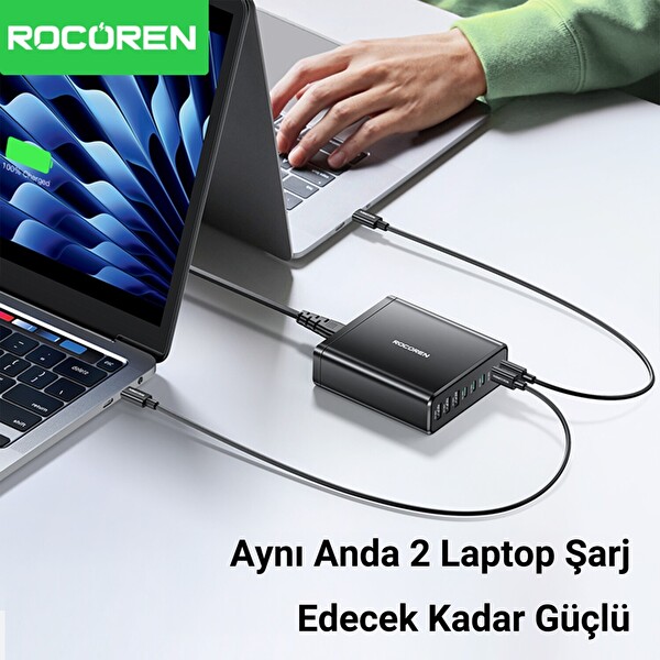 Rocoren 185W 8 Portlu GaN Şarj Cihazı 5xType-C 3xUSB-A Notebook iPhone Samsung Uyumlu