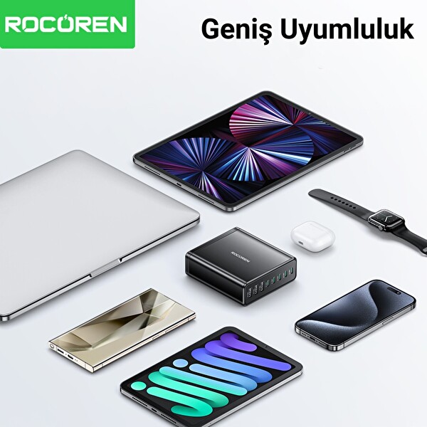 Rocoren 185W 8 Portlu GaN Şarj Cihazı 5xType-C 3xUSB-A Notebook iPhone Samsung Uyumlu