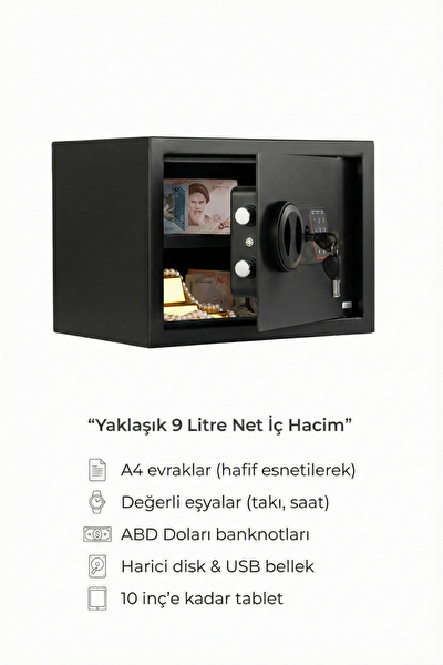 4Berry Elektronik Duvar Ve Zemin Montajlı Şifreli Acil Anahtarlı 9 L 31×20×20 CM Çelik Kasa - Siyah