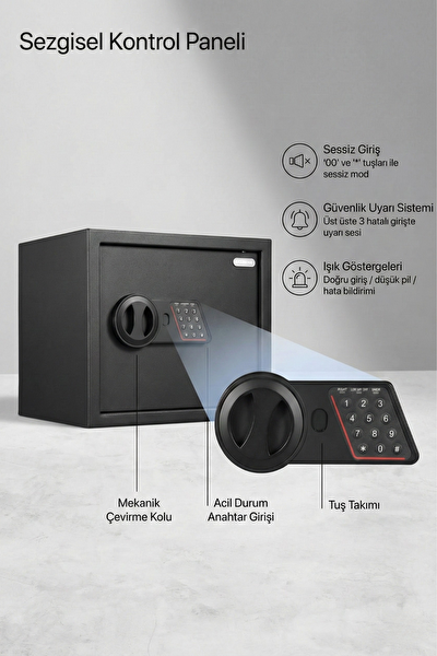 4Berry Elektronik Duvar Ve Zemin Montajlı Şifreli Acil Anahtarlı 9 L 31×20×20 CM Çelik Kasa - Siyah