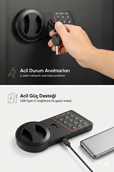 4Berry Elektronik Duvar Ve Zemin Montajlı Şifreli Acil Anahtarlı 9 L 31×20×20 CM Çelik Kasa - Siyah
