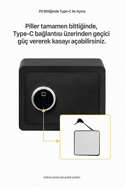4Berry Ev ve Ofis İçin Parmak İzli Elektronik Kasa Şifreli Metal Kasa Type C Acil Açma Siyah