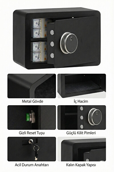 4Berry Ev ve Ofis İçin Parmak İzli Elektronik Kasa Şifreli Metal Kasa Type C Acil Açma Siyah