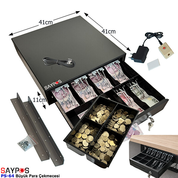 Saypos 6 Banknot Gözlü Kolay Açma Butonlu ve Montaj Askıl Takım Halinde Para Çekmecesi 41x41x11 CM