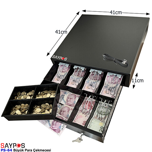 Saypos 6 Banknot Gözlü Yazarkasa Pos Bağlantılı ve Anahtardan Açılır Büyük Para Çekmecesi 41x41x11 CM