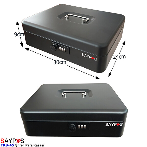 Saypos Şifreli Açılır ve Taşıma Kulplu Para Kasası 4 Banknot 5 Madeni Para Gözlü Gizli Bölmeli 30x24x9 CM