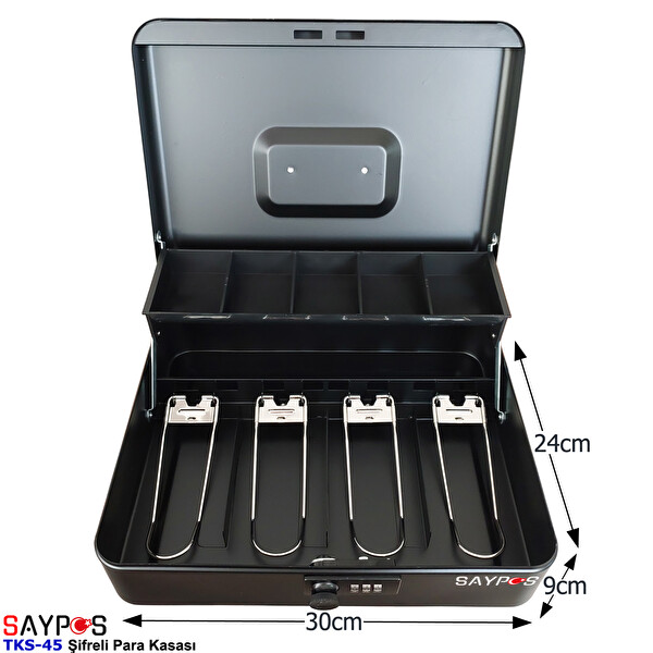 Saypos Şifreli Açılır ve Taşıma Kulplu Para Kasası 4 Banknot 5 Madeni Para Gözlü Gizli Bölmeli 30x24x9 CM