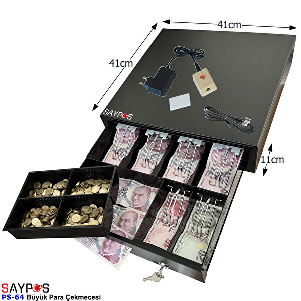 Saypos 6 Banknot Gözlü Kolay Açma Buton ve Adaptörlü Anahtardan Açılır Para Çekmecesi 41x41x11 CM