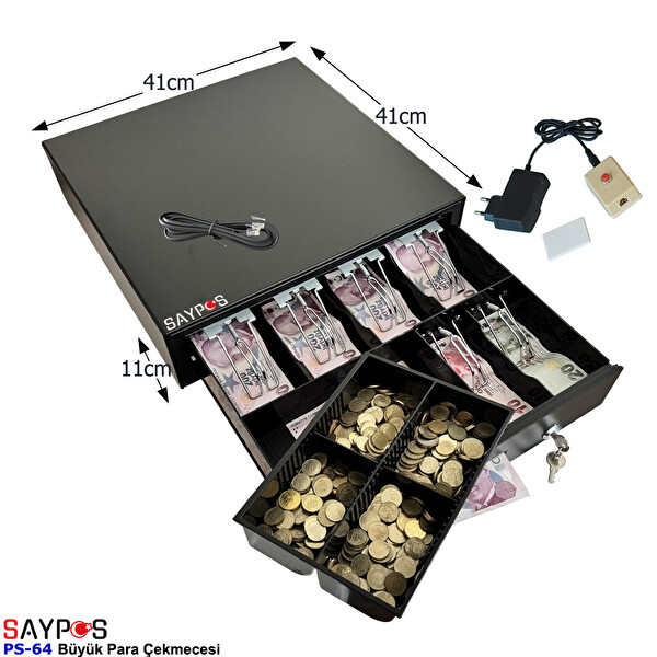 Saypos 6 Banknot Gözlü Kolay Açma Buton ve Adaptörlü Anahtardan Açılır Para Çekmecesi 41x41x11 CM