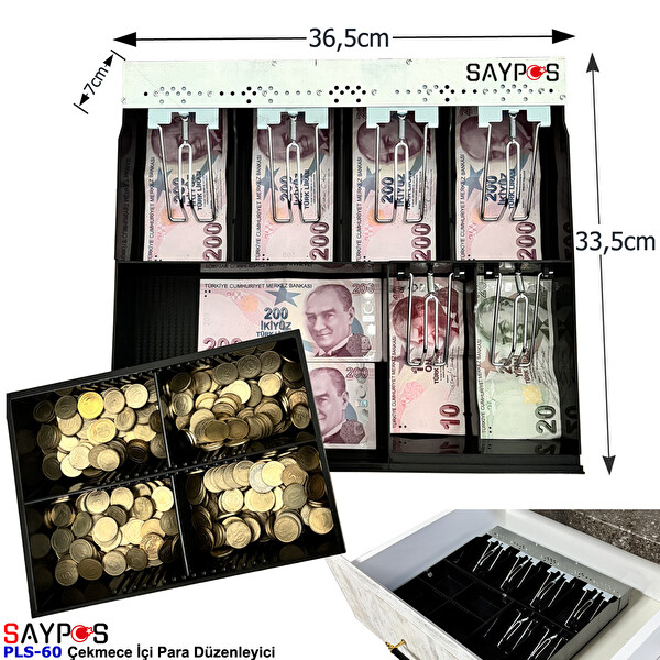 Saypos PLS-60 6 Banknot 4 Madeni Para Gözlü Gizli Evrak Hazneli Plastik Çekmece İçi Para Düzenleyici 36.5x33.5x7CM