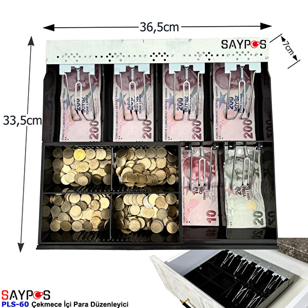 Saypos PLS-60 6 Banknot 4 Madeni Para Gözlü Gizli Evrak Hazneli Plastik Çekmece İçi Para Düzenleyici 36.5x33.5x7CM