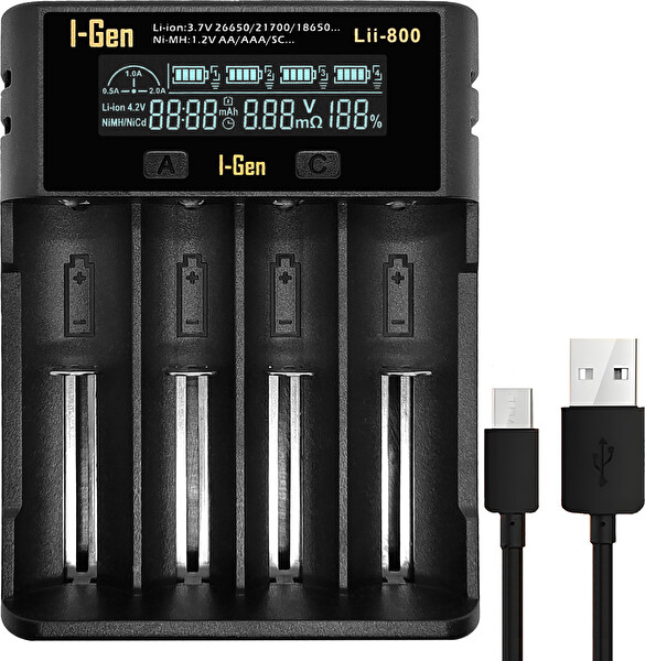I-Gen Batteries Lii-800 Akıllı Li-Ion Type-C Girişli LCD Ekranlı 4 Slot Şarj Li-Ion ve Ni-Mh Uyumlu Pil Şarj Cihazı
