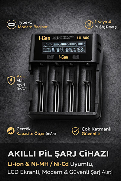 I-Gen Batteries Lii-800 Akıllı Li-Ion Type-C Girişli LCD Ekranlı 4 Slot Şarj Li-Ion ve Ni-Mh Uyumlu Pil Şarj Cihazı