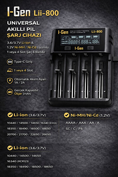 I-Gen Batteries Lii-800 Akıllı Li-Ion Type-C Girişli LCD Ekranlı 4 Slot Şarj Li-Ion ve Ni-Mh Uyumlu Pil Şarj Cihazı