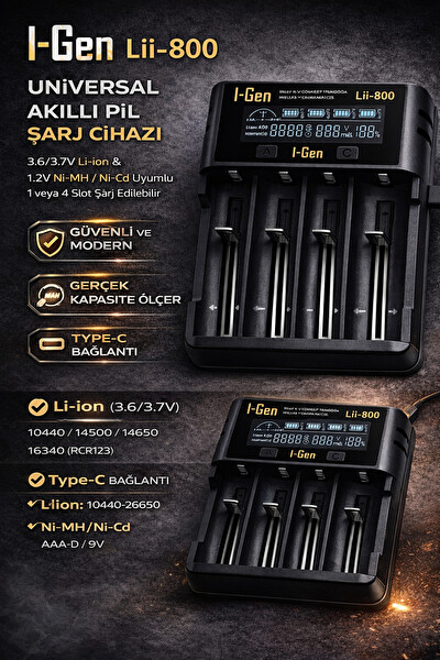 I-Gen Batteries Lii-800 Akıllı Li-Ion Type-C Girişli LCD Ekranlı 4 Slot Şarj Li-Ion ve Ni-Mh Uyumlu Pil Şarj Cihazı