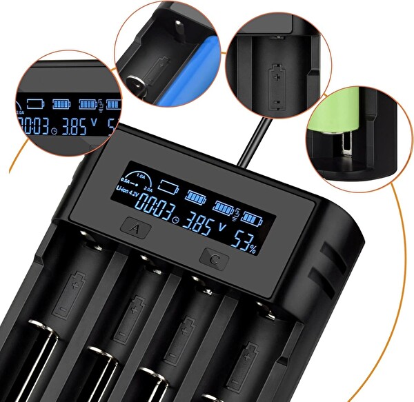 I-Gen Batteries Lii-800 Akıllı Li-Ion Type-C Girişli LCD Ekranlı 4 Slot Şarj Li-Ion ve Ni-Mh Uyumlu Pil Şarj Cihazı