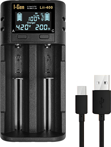 I-Gen Batteries LII-400 Akıllı Li-Ion Type-C Girişli LCD Ekranlı 2 Slot Şarj Li-Ion ve Ni-Mh Uyumlu Pil Şarj Cihazı
