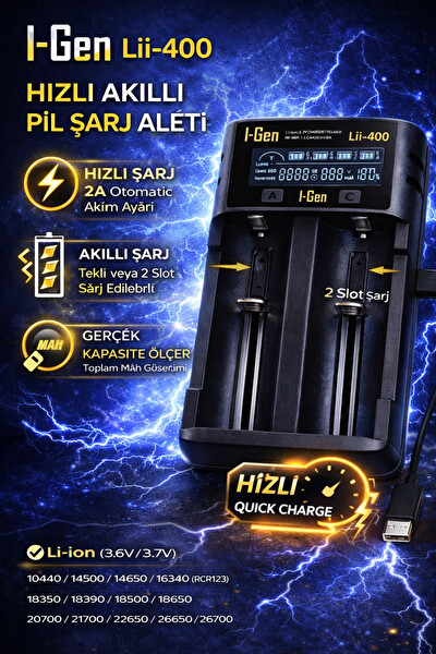 I-Gen Batteries LII-400 Akıllı Li-Ion Type-C Girişli LCD Ekranlı 2 Slot Şarj Li-Ion ve Ni-Mh Uyumlu Pil Şarj Cihazı