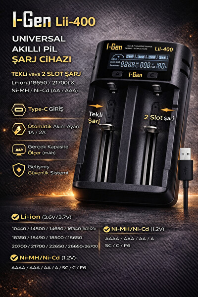 I-Gen Batteries LII-400 Akıllı Li-Ion Type-C Girişli LCD Ekranlı 2 Slot Şarj Li-Ion ve Ni-Mh Uyumlu Pil Şarj Cihazı