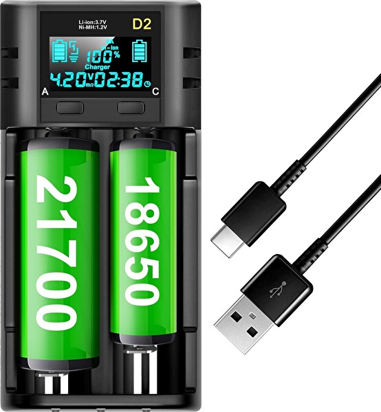 I-Gen Batteries LII-400 Akıllı Li-Ion Type-C Girişli LCD Ekranlı 2 Slot Şarj Li-Ion ve Ni-Mh Uyumlu Pil Şarj Cihazı