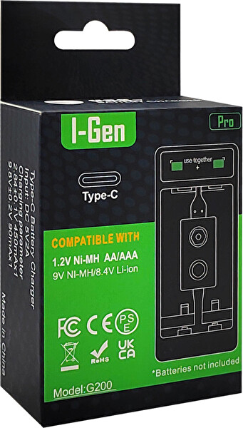 I-Gen Batteries G200 2'li Pil Şarj Aleti Type-C Girişli Aa - Aaa -9V Akıllı Pil Şarj Cihazı