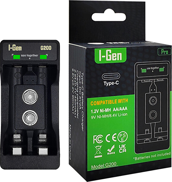 I-Gen Batteries G200 2'li Pil Şarj Aleti Type-C Girişli Aa - Aaa -9V Akıllı Pil Şarj Cihazı