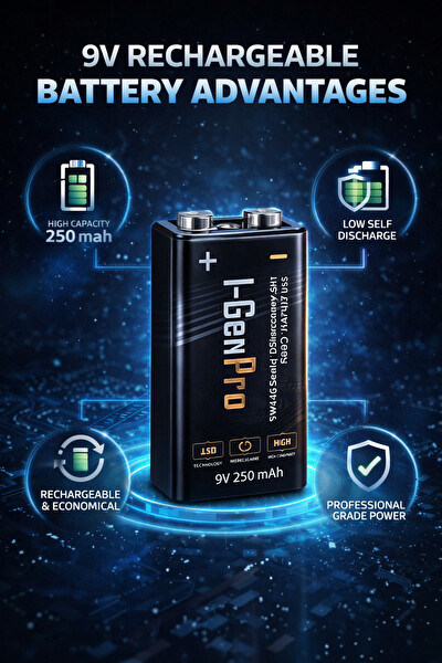 I-Gen Batteries Pro 6HR61 9V 250 Mah Şarj Edilebilir 9 Volt Pil 1.2V Ni-Mh Şarjlı Pil 16'lı Paket