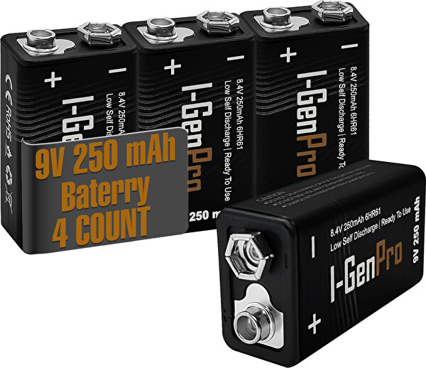 I-Gen Batteries Pro 6HR61 9V 250 Mah Şarj Edilebilir 9 Volt Pil Ni-Mh Şarjlı Pil 4'lü Paket