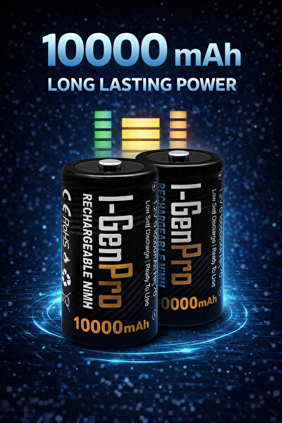 I-Gen Batteries Pro HR20 D Büyük Boy 10.000 Mah Şarj Edilebilir D Boy 1.2V Ni-Mh Şarjlı Pil 2'li Paket