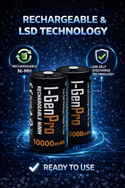 I-Gen Batteries Pro HR20 D Büyük Boy 10.000 Mah Şarj Edilebilir D Boy 1.2V Ni-Mh Şarjlı Pil 2'li Paket
