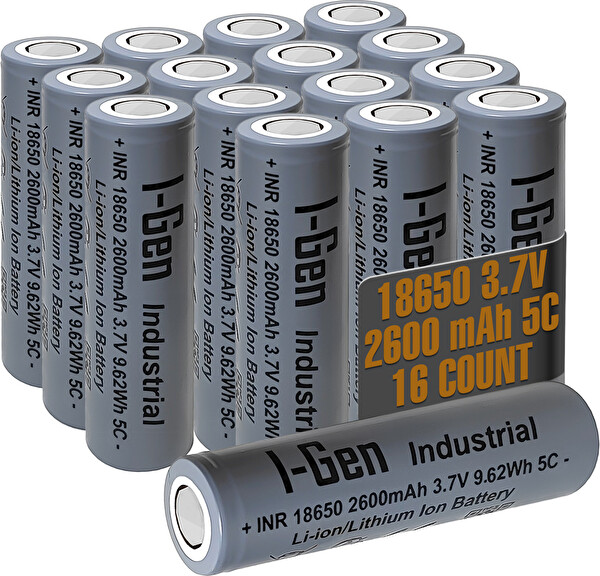 I-Gen Batteries Industrial E002 Inr 18650 3.7V 2600 Mah 5c 9.62WH Li-Ion Şarjlı Pil Düz Başlı Lityum Pil 16'lı Paket