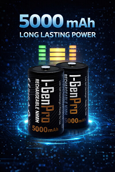 I-Gen Batteries Pro HR14 C Orta Boy 5000 Mah Şarj Edilebilir C Boy 1.2V Ni-Mh Şarjlı Pil 2'li Paket