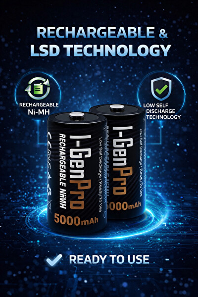 I-Gen Batteries Pro HR14 C Orta Boy 5000 Mah Şarj Edilebilir C Boy 1.2V Ni-Mh Şarjlı Pil 2'li Paket