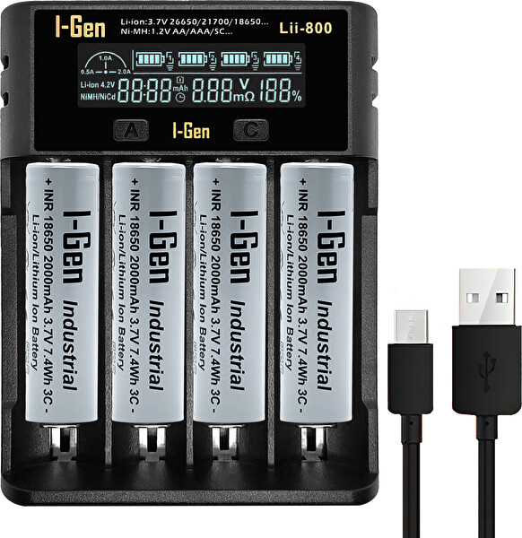 I-Gen Batteries G428 4'lü 18650 Li-Ion Akıllı Pil Şarj Aleti + 4 Adet 18650 2000 mAh 3c 3.7V 7.4 Wh Li-Ion Pil Seti