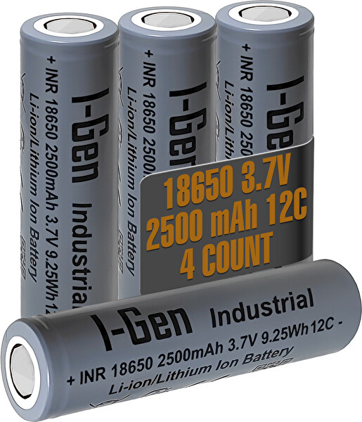 I-Gen Batteries Industrial E003 Inr 18650 3.7V 2500 Mah 12C 9.25WH Li-Ion Şarjlı Pil Düz Başlı Lityum Pil 4'lü Paket
