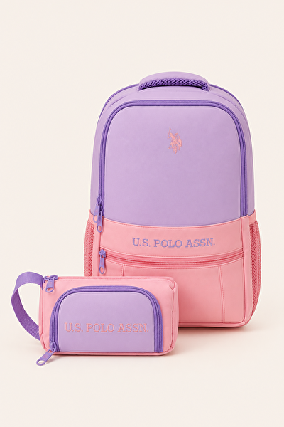 U.S. Polo Assn. Çok Bölmeli Kız Çocuk Okul Sırt Çantası Kalemlik Seti Mor Pembe PLCANAYD26211