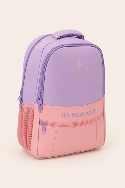U.S. Polo Assn. Ortopedik Hafif Çok Bölmeli Matara Cepli Kız Çocuk Okul Sırt Çantası Lila Pudra