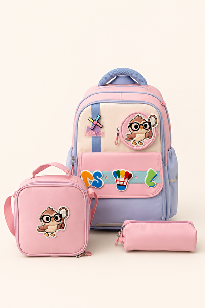 CCS Kids Kız Çocuk İlkokul 3'lü Okul Çantası Seti Beslenme Çantası Kalemlik Pembe Mavi Ortopedik