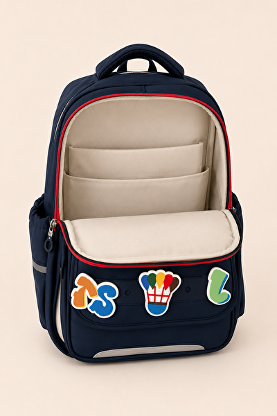 Ççs Kids İlkokul Okul Çantası 3'lü Set Beslenme Çantası Kalemlik Ortopedik Çok Gözlü Lacivert 51979